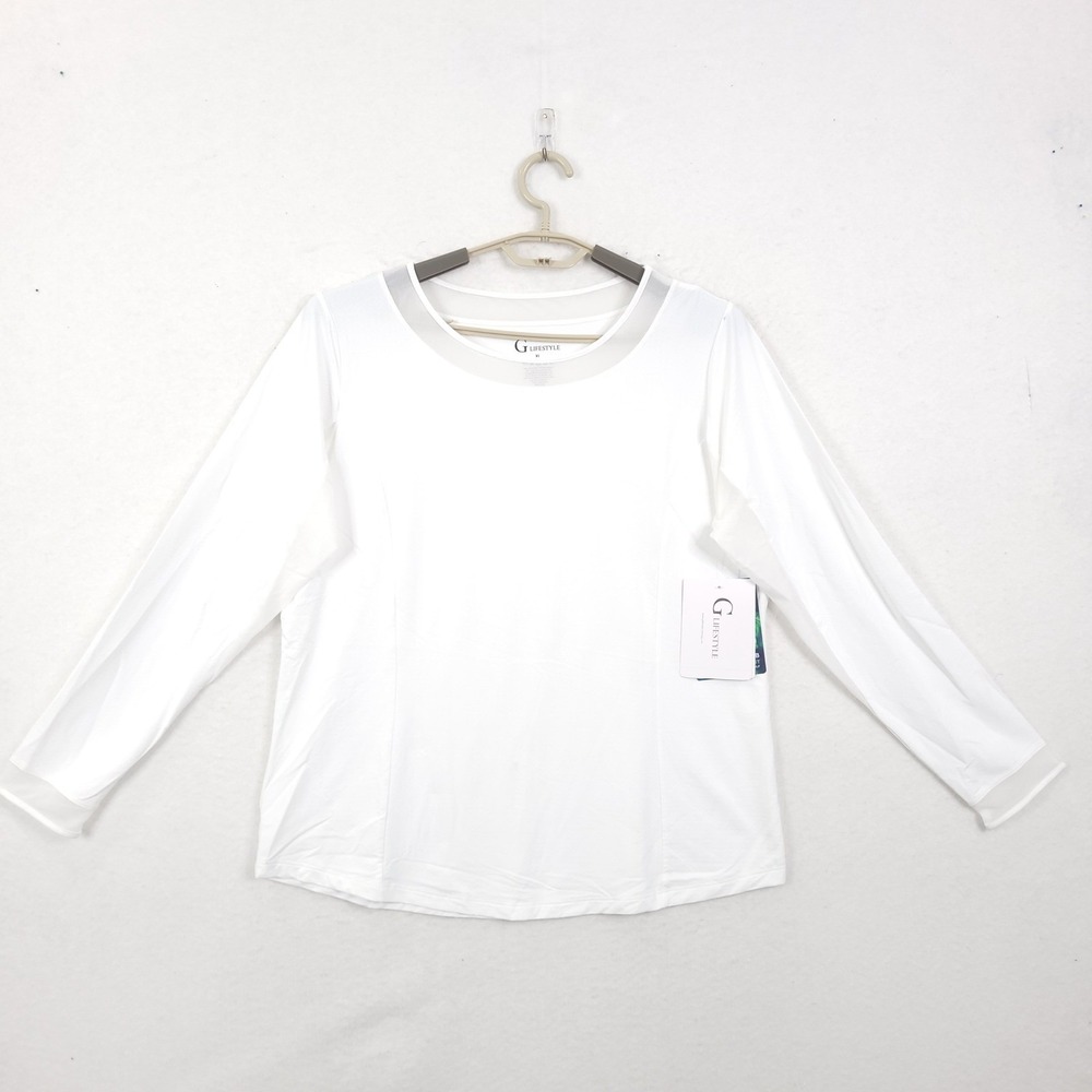 G Lifestyle Golf Top XL White Long Sleeve Mesh Trim Athletic UPF 50+ Activewear